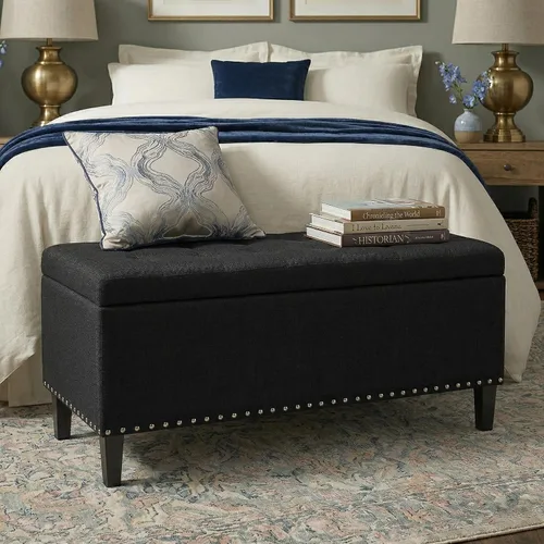 Vista 3 de otomana con almacenamiento de 41 pulgadas, banco otomano grande de almacenamiento para dormitorio Tufted Cotton Linen Bench with Nailhead Trim End