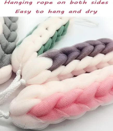 Vista 8 de AARAINBOW Paquete de 2 esponjas de espalda elásticas largas mejoradas con asas de cuerda, esponja de malla para baño, ducha, esponja exfoliante