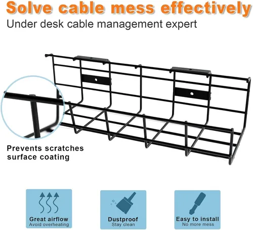 Vista 5 de Organizador de cables debajo del escritorio, 1 paquete de organizador de cables. Bandeja de organización de cables de alambre de metal para oficina