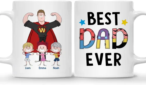Vista 14 de Gossby Taza personalizada de café para papá, el mejor papá (2 niños en el hombro de papá), regalo personalizado de 11 onzas y 15 onzas para papá, 2