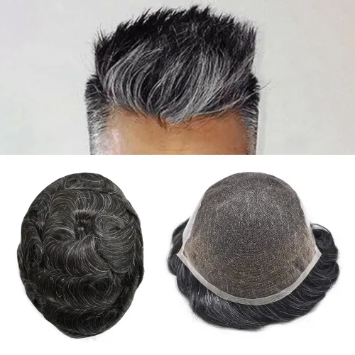 Vista 58 de Pieza de cabello para hombres suizo frente encaje frontal tupé europeo Remy sistema de reemplazo de cabello humano nudo blanqueado línea capilar