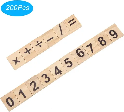 Vista 7 de 200 piezas de azulejos de madera con números de madera, bloques de rompecabezas de números y símbolos para manualidades, ortografía, decoración