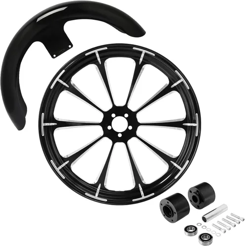 Vista 121 de TCMT Llanta de rueda delantera de 21", buje de rueda de brida de doble disco con guardabarros delantero negro sin pintar, compatible con modelos