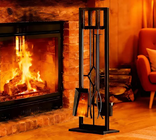 Vista 11 de Fire Beauty Juego de 5 herramientas para chimenea de hierro forjado, soporte para poker (bronce antiguo) Sturdy iron set keeps fireplace tools