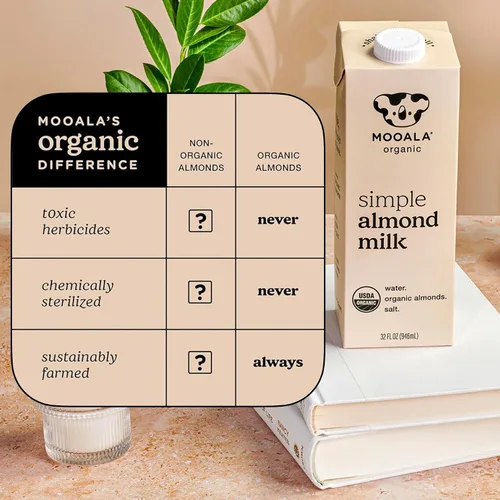 Vista 4 de Mooala Leche de Almendra Simple Orgánica, 32oz - 3 Ingredientes, Estable en Estantería, Sin Gomas, Sin Aceites, Sin Rellenos, Sin Azúcar, No