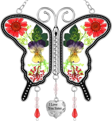 Vista 22 de KY&BOSAM Atrapasoles de cristal pintado a mano con cabeza de caballo, campanilla de viento con flor prensada incrustada en ventana de cristal, Día