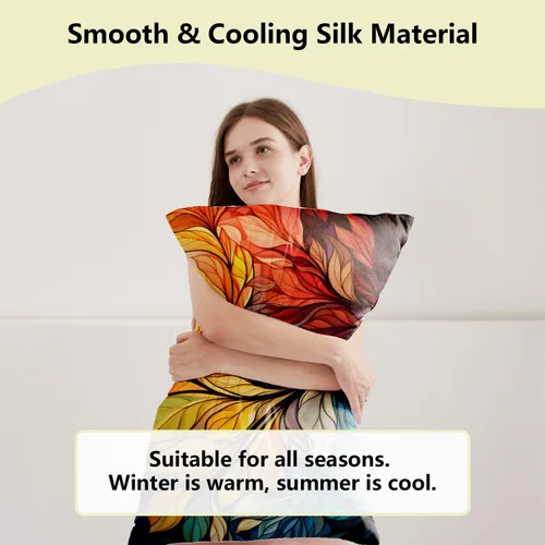 Vista 5 de Funda de almohada de satén para cabello y piel, funda de almohada de seda de hojas coloridas abstractas de tamaño estándar, fundas de almohada