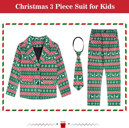 Vista 4 de Funnycokid Trajes de Navidad para niños, 3 piezas, ropa formal para niños, juego de traje feo para graduación, fiesta de Navidad, boda con corbata