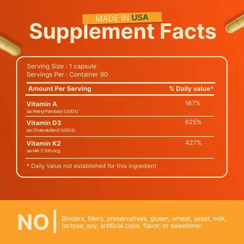 Vista 7 de INVITA, Suplemento vitamínico ADK – 90 cápsulas – Alta potencia de vitamina A, D3 5000 UI y K2-MK7 – Médico formulado para apoyo óseo, corazón e