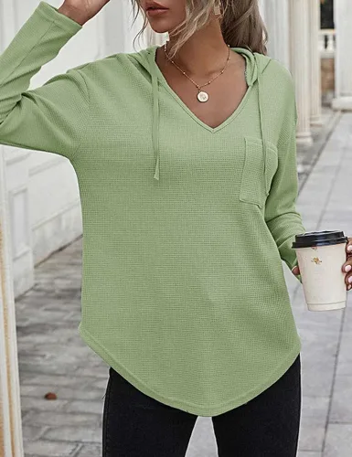 Vista 3 de Sudadera de manga larga con capucha y cuello en V, sudadera sin botones con cordón y bolsillo