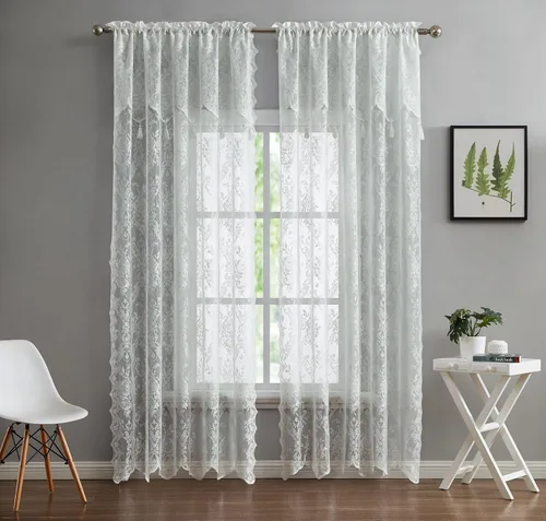 Vista 6 de LinenZone Cenefa de encaje transparente con 6 borlas y parte inferior festoneada para cocina, baño, comedor, sala de estar, dormitorio o sótano.