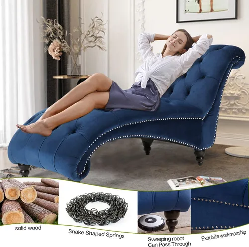 Vista 5 de Chaise Lounge para interiores de 63 pulgadas con botón capitoné sin brazos para sala de estar y dormitorio, respaldo ergonómico refinado moderno Azul