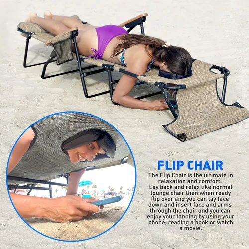 Vista 3 de EasyGo Product FLIP - Tumbona para patio, orificios para cara y brazos, 4 patas, material textileno, 6 posiciones, almohada reclinable
