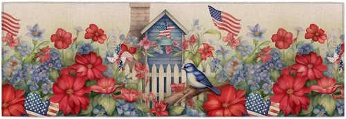 Vista 19 de T&H XHome Alfombras de camino de cocina del Día de la Independencia, 4 de julio, vintage, azul y rojo, con bandera de Estados Unidos, jarrón