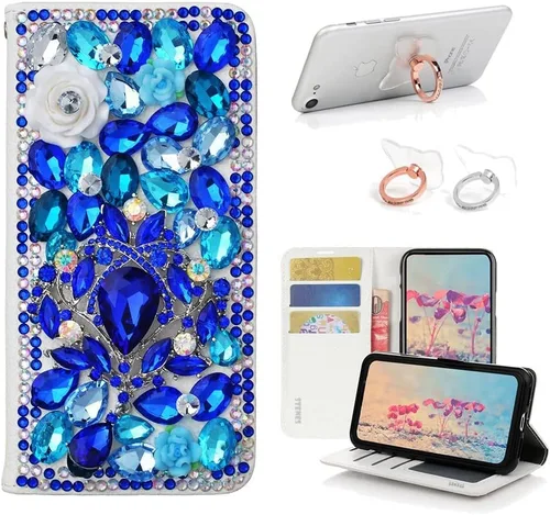 Vista 7 de Bling - Funda tipo cartera compatible con iPod Touch 5 y iPod Touch 6, elegante funda de piel con diseño de mariposas y flores 3D hechas a mano
