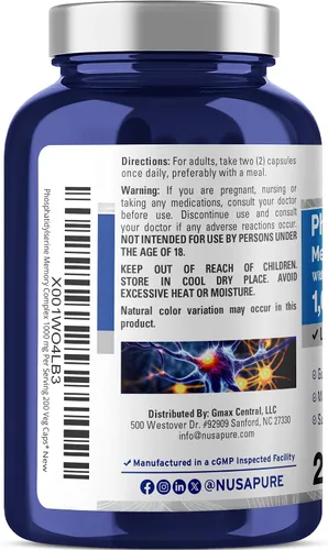 Vista 3 de NusaPure Fosfatidilserina Memory Ultimate Complex 1000mg 200 Cápsulas Vegetarianas (Vegano, Sin OGM)