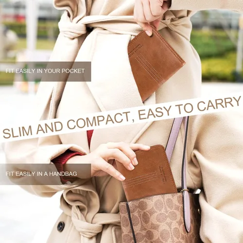 Vista 6 de APHISON Billetera para mujer, delgada y pequeña, cartera RFID para mujer, 01A125marrón2, Compacto