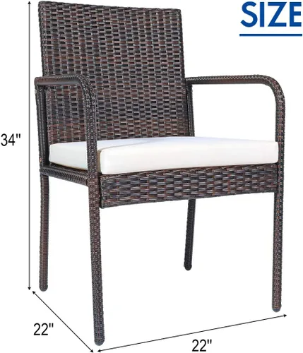 Vista 3 de Juego de 4 sillas de mimbre para patio al aire libre, con marco de acero resistente y cojines suaves, juego de comedor al aire libre resistente a