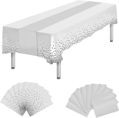 Vista 12 de Paquete de 10 manteles rectangulares de plástico y camino de mesa de satén, mantel desechable negro rectangular y dorado para cumpleaños