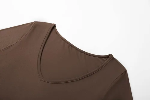 Vista 3 de Camisetas cortas con cuello en V, manga larga, sexy, ajustadas, capa base para mujer