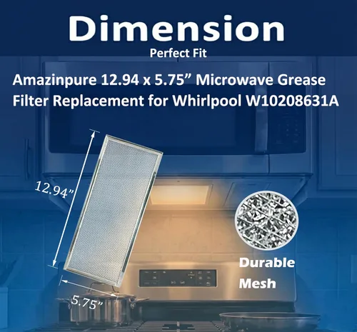 Vista 2 de Filtro de grasa para microondas Whirlpool W10208631A, paquete de 2 filtros de grasa para microondas de malla de aluminio de 13 x 6 pulgadas