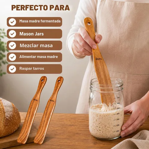 Vista 2 de Paquete de 2 Spurtle de madera para masa madre, mezcla, alcanzar el fondo del frasco, batidor de masa, espátula de frasco de mango largo