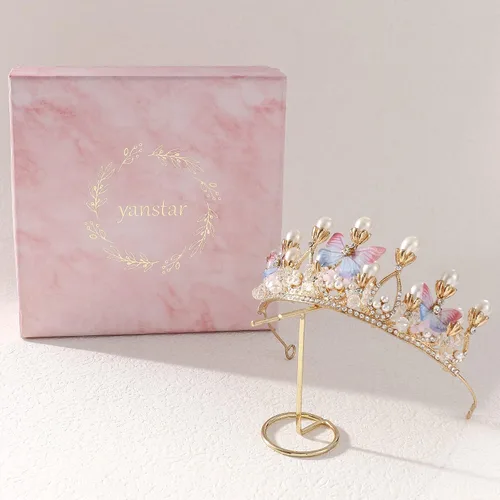 Vista 6 de Tiaras de princesa para niñas, corona de cumpleaños para niñas, mariposa, princesa, disco de rendimiento, modelo de cabello, pasarela, tiara