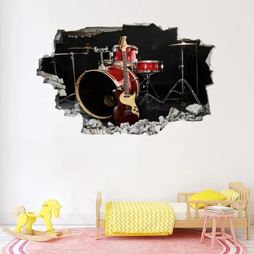 Vista 4 de Calcomanías de pared de guitarra, arte de tambores aplastados 3D, calcomanías de pared extraíbles, mural de pared musical, dormitorio, vinilo