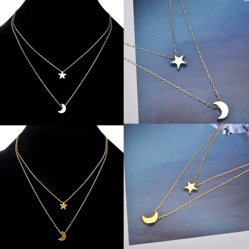 Vista 6 de Simple - Collar de doble capa para mujer, collar con colgante de estrella y luna, gargantilla de cadena de cuello de plata dorada para adolescentes