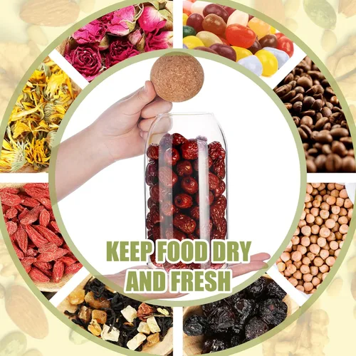 Vista 5 de 2 tarros de vidrio de corcho con tapa de corcho, contenedor de almacenamiento con botellas redondas de bola, recipientes con tapa de madera