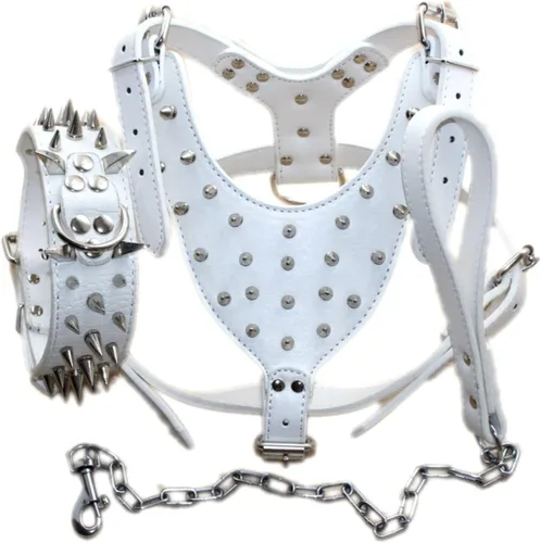 Vista 9 de Arnés para perro con tachuelas de cuero de raza, collar y correas, juego de 3 piezas para perros medianos y grandes, mastín, boxer, bull terrier