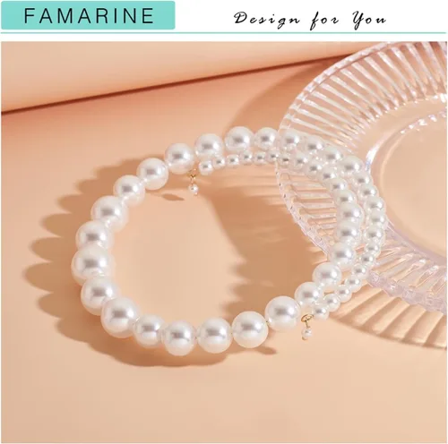 Vista 4 de FAMARINE Gargantilla de perlas, pulsera de perlas, collar simple para boda, Latón, No es una piedra preciosa