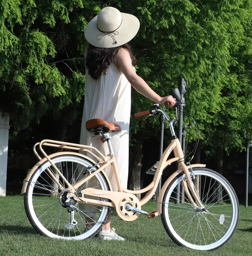 Vista 2 de MEGHNA Beach Cruiser Bike Low Step - Through 24 inch/26 inch Bike Elegant Lady Bike V - Brake 7 Speed Cruiser Bike with Rear Rack Bell for Girls