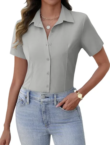 Vista 7 de Zeagoo Camisas de vestir de manga corta con botones para mujer, blusas básicas de trabajo con cuello de negocios