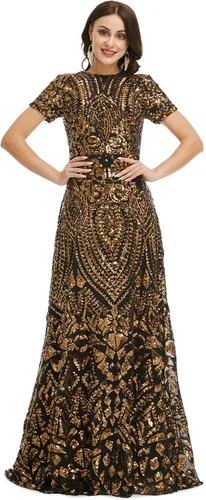 Vista 2 de Vestido de noche formal de lentejuelas de manga corta para mujer