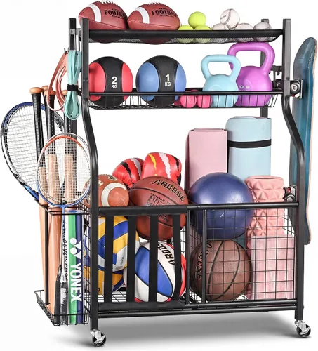 Vista 7 de PLKOW Organizador de almacenamiento para equipos deportivos de garaje, estante deportivo para interior/exterior para garaje, organizador