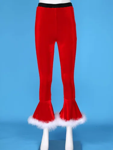 Vista 7 de Nikiikoo Disfraz de Sra. Santa Claus para mujer, de terciopelo suave y cálido, pantalones acampanados para Navidad, con ribete de piel sintética