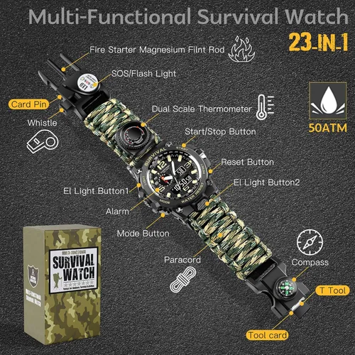 Vista 2 de Kavie Reloj táctico militar 23 en 1 para hombre, multifuncional, resistente al agua, para exteriores, con brújula, silbato, iniciador de fuego