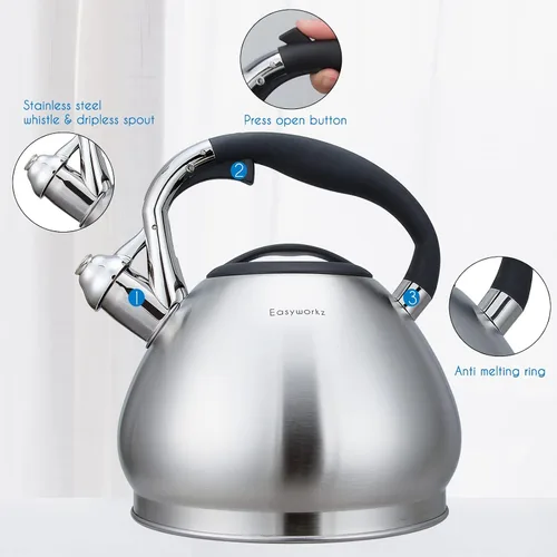 Vista 5 de Easyworkz Hervidor de té silbante de acero inoxidable de grado alimenticio con silbato fuerte, 2.4 cuartos de galón (2.3 l)