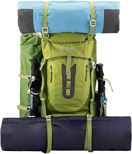Vista 2 de Ubon Mochila de senderismo con marco interno de 50/60 L, mochila de camping para hombres y mujeres con cubierta de lluvia verde (60L-Green)