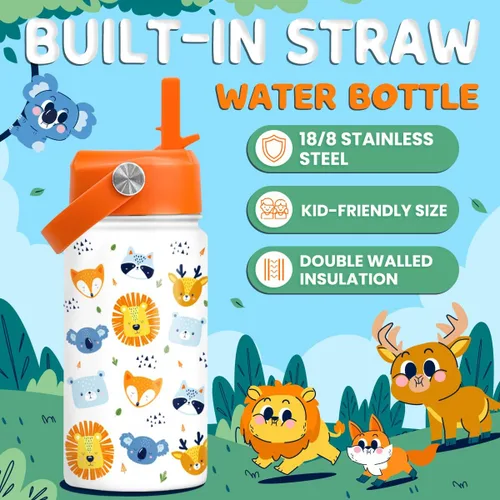 Vista 2 de SANDJEST Botella de Agua para Niños con Tapa de Pajita - 12 Oz Botella de Acero Inoxidable Aislada con Dibujo de Animales para Niños y Niñas - Taza