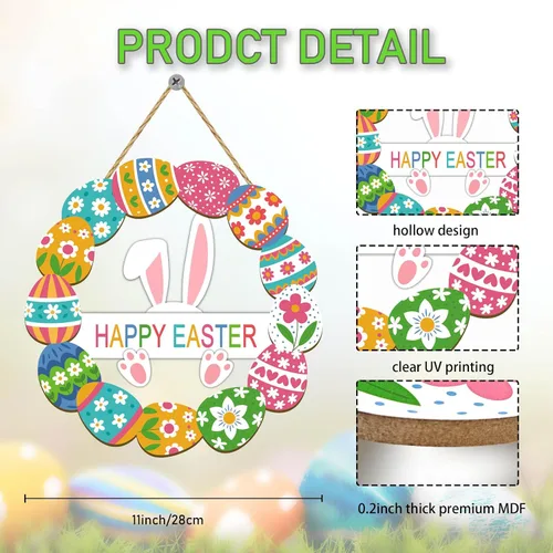 Vista 2 de Decoración de Pascua de madera para decoración de puerta delantera, letrero de Pascua, decoración de primavera, letrero de conejo, flor de huevo