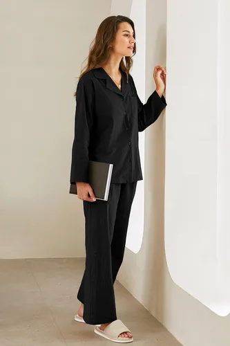 Vista 5 de Ekouaer Conjunto de pijama de dos piezas para mujer, de lino y algodón, con botones, de manga larga, con bolsillo, S-XXL