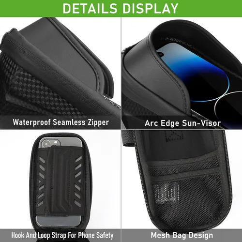 Vista 4 de Bolsa impermeable para teléfono de bicicleta, bolsa para manillar de bicicleta con pantalla táctil de TPU y visera solar, bolsa para marco