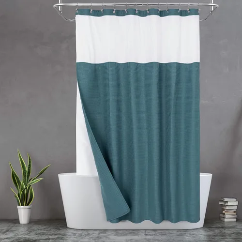 Vista 30 de N&Y HOME - Juego de cortina de ducha de punto gofre, forro de tela a presión y ganchos, para ducha pequeña, estilo hotel, ventana superior de malla