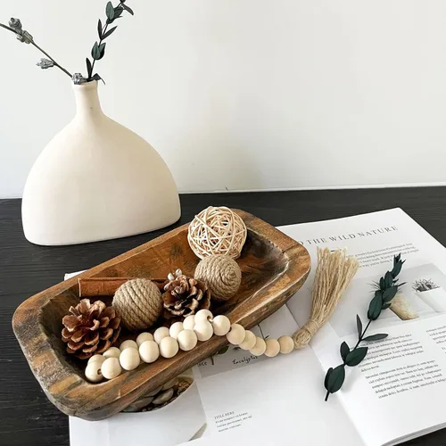 Vista 7 de Cuencos de masa de madera decorativos, cuencos largos rústicos para decoración de pan, bandeja de madera, tallados a mano para decoración de centro