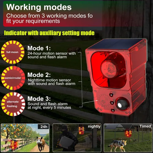 Vista 7 de Alarma de Sensor de Movimiento Solar para Exteriores - Alarma de 129dB, Grabación, Sirena, Ladrido de Perro y Detonación. Con Control Remoto, Sensor
