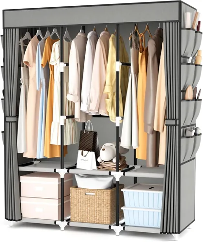 Vista 10 de Armario portátil para colgar ropa, perchero de gran capacidad con tapa, 3 varillas para colgar, 6 estantes y 8 bolsillos, armario fuerte y estable