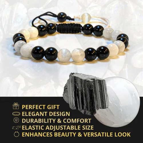 Vista 4 de Pulsera de turmalina negra de selenita auténtica, pulsera de cristal curativo natural para mujeres y hombres, pulsera de cuentas redondas de 0.315