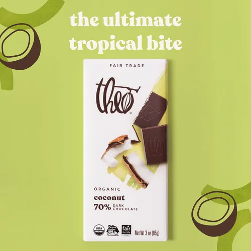 Vista 3 de Theo Barra de chocolate negro orgánico de coco y chocolate, 70% cacao, paquete de 6 Vegano, comercio justo